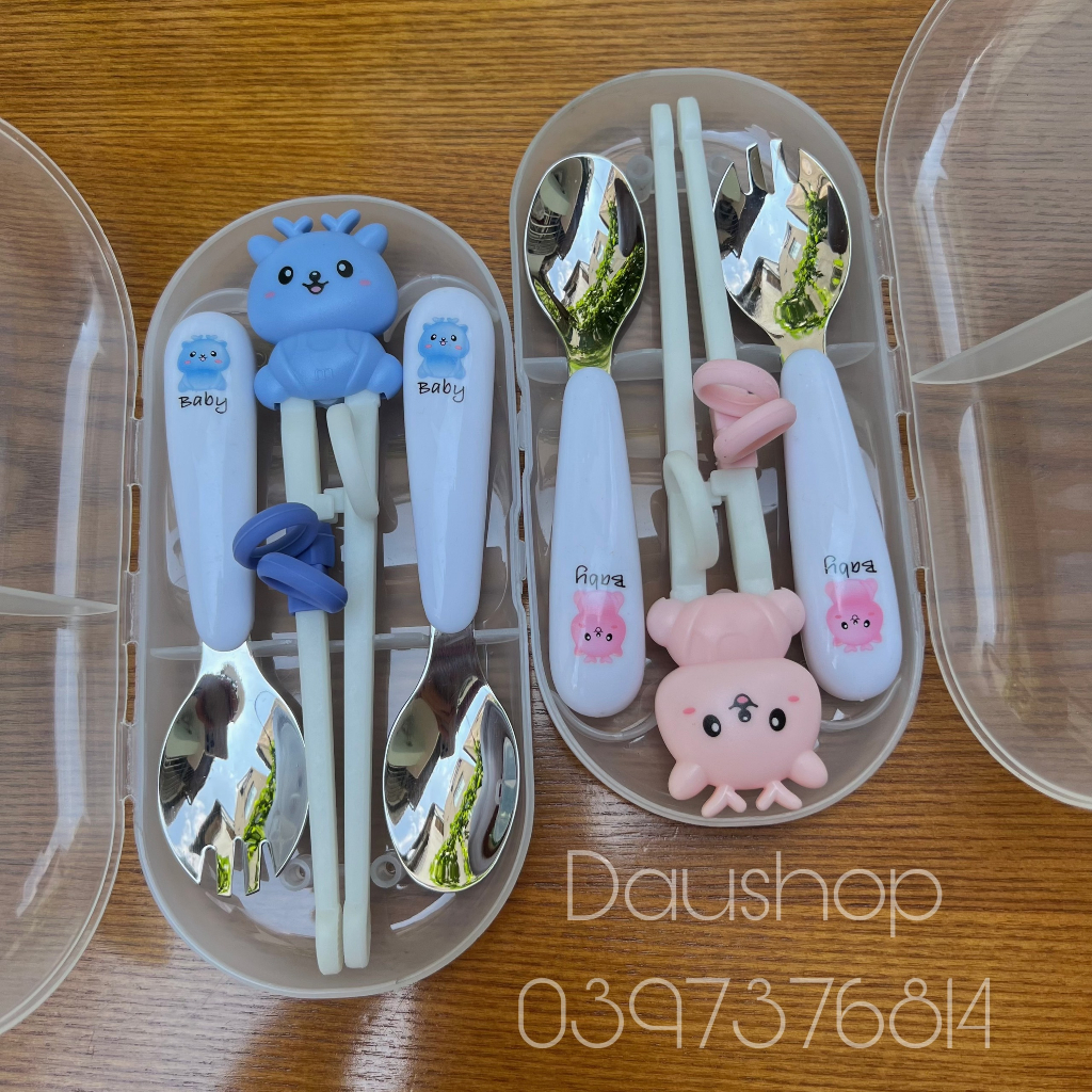 SET ĐŨA + THÌA + DĨA INOX TẬP ĂN CHO BÉ