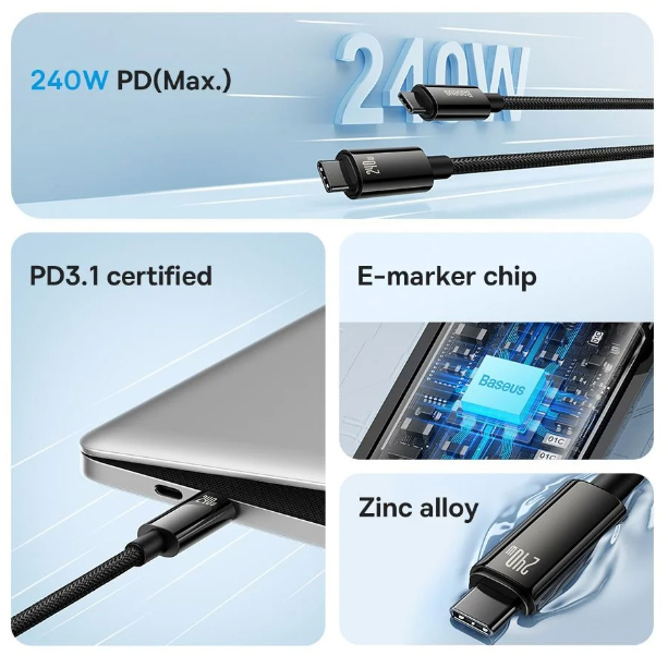 Cáp Sạc Nhanh Type-C to Type-C PD 240W Baseus, Dây Cáp Bọc Dù Cho Mac Samsung Samsung Xiaomi iPad Huawei ...