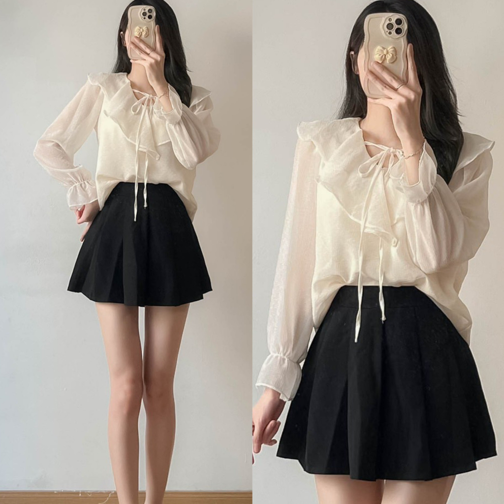 Áo sơ mi nữ dài tay chất tơ mềm 2 lớp tay dài phồng cổ viền Hari GenZ 019 P0K19