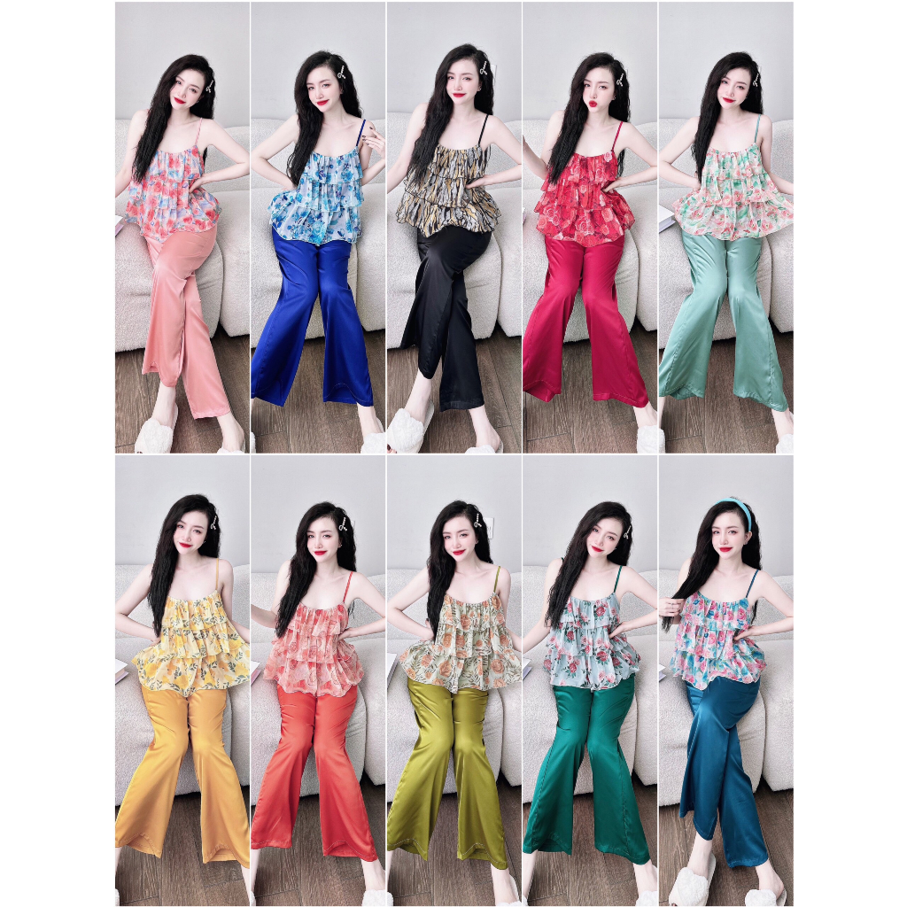 Bộ đồ ngủ nữ cao cấp VY LINH set quần dài áo 2 dây voan phối latin mềm mại, thoáng mát S1000