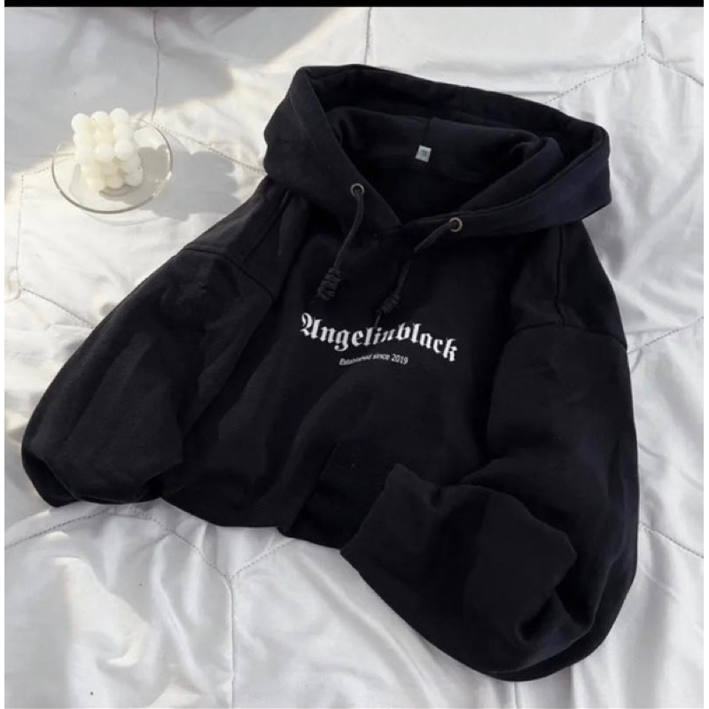 Áo hoodie đen phối chữ trắng freesize, hàng loại 1 nam nữ mặc thoải mái
