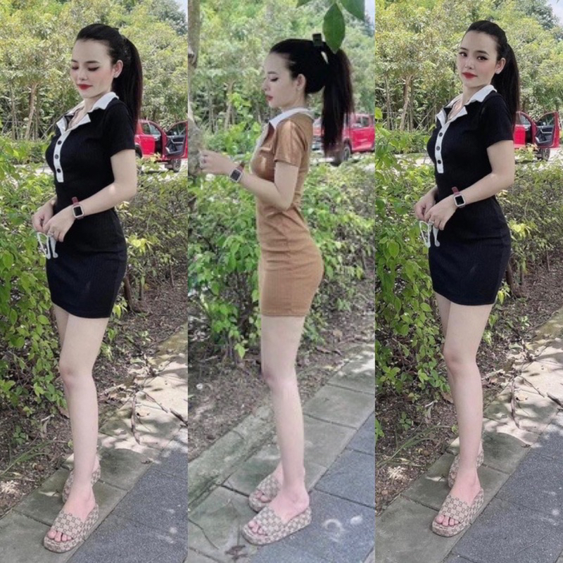 Đầm Tay Ngắn Cổ Trụ Gài Nút phối trắng