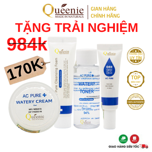 Bộ Mỹ Phẩm Chăm Sóc Da Mụn Queenie Làm Sạch Sâu Cấp Ẩm Kiềm Dầu Hàn Quốc Chính Hãng 4 Sản Phẩm [SP Trải Nghiệm]