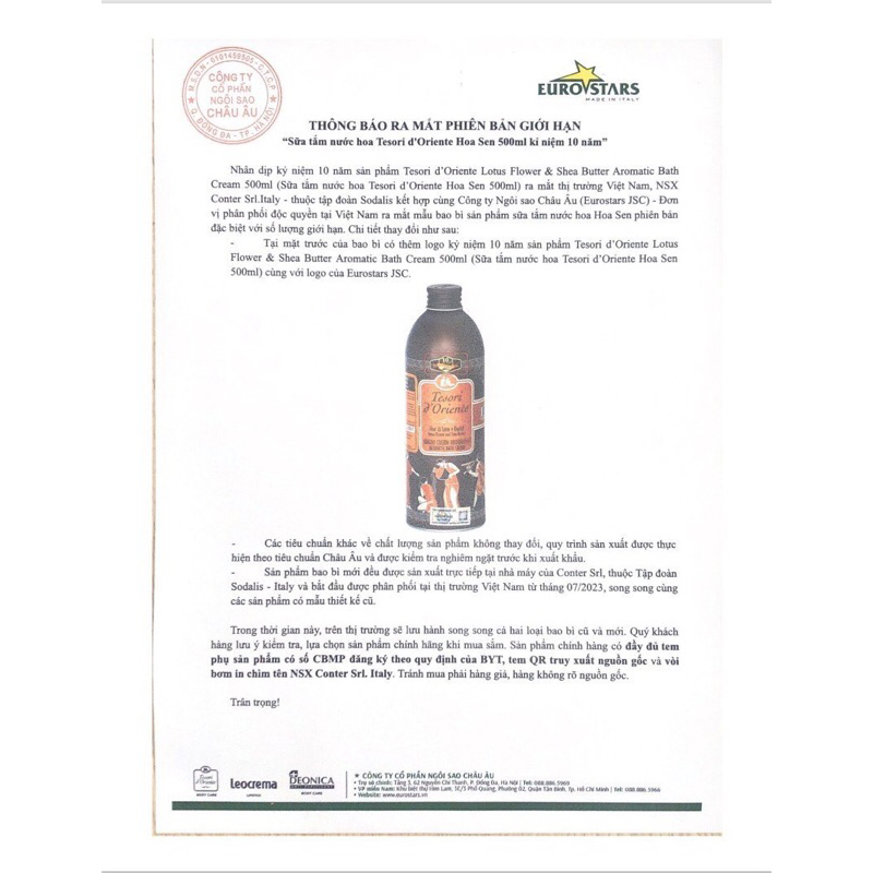 Sữa Tắm Ý Hương Nước Hoa Tesori D’Oriente, Sữa Tắm Cao Cấp Italia Đủ Mùi - Chai 500ml