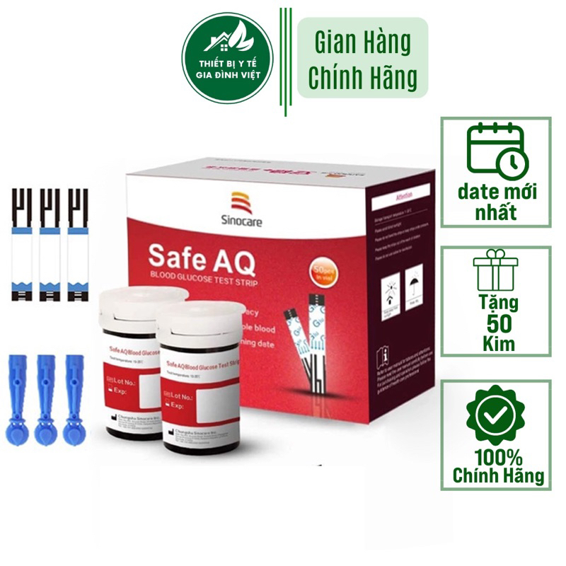 Que Thử Đường Huyết Safe AQ Smart Chính Hãng Sinocare Hộp 50 Que Tặng Kèm 50 Kim