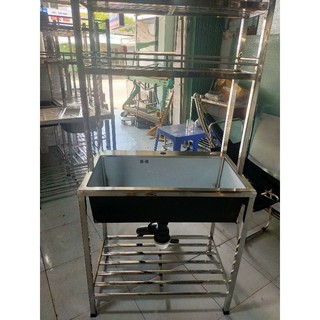  trọn bộ chậu đúc inox 1 hộc lớn 45x75 gồm kệ 2 tầng chân vòi rổ  bộ xả đầy đủ phụ kiện 
