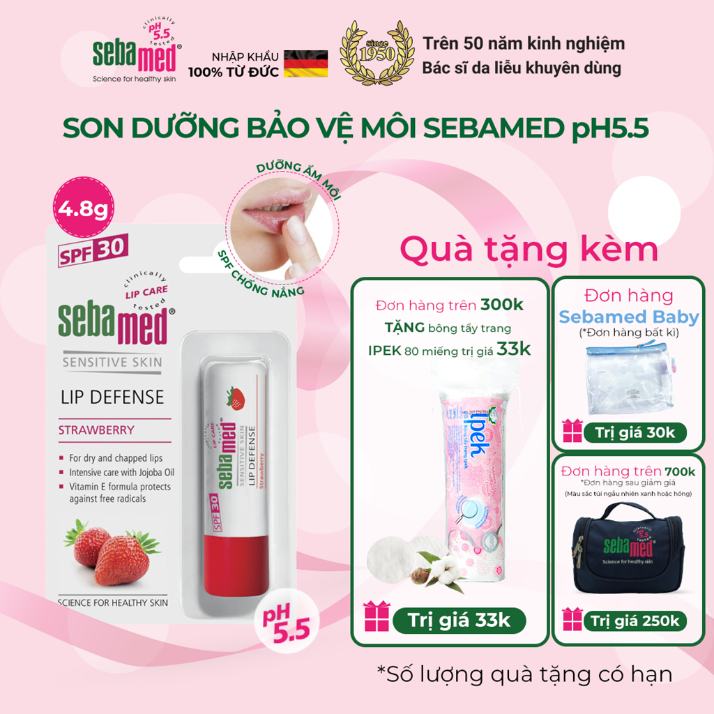 Son dưỡng bảo vệ, chống khô và chống nứt môi hương dâu Sebamed Sensitive Skin Lip Defense Strawberry (4.8g)