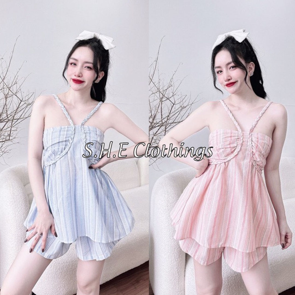 Set Bộ Nữ Kẻ Đũi Xước Áo 2 Dây Tết Ôm Ngực Lưng Trần Mix Quần Sooc Đùi Kẻ Sọc Freesize S522