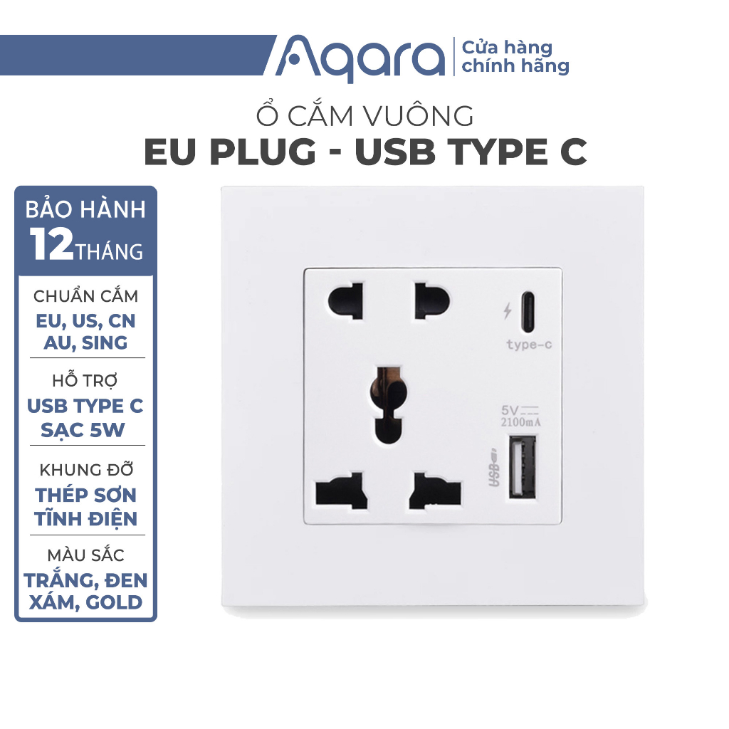 Ổ cắm vuông phù hợp Aqara D1/ Aqara H1 - Khung thép chắc chắn, Cổng sạc USB A & Type C, Ổ cắm chịu tải cao 13A