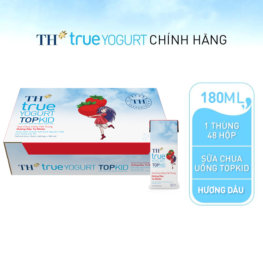 Thùng 48 hộp sữa chua uống tiệt trùng TH true YOGURT TOPKID hương dâu tự nhiên 180ml
