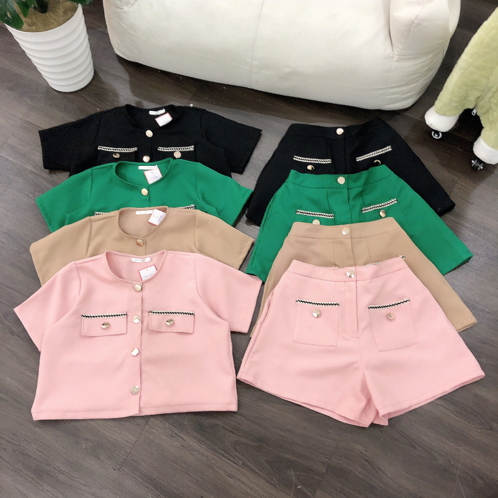 Set BIGSIZE áo croptop viền dạ kèm quần short 55 - 100kg S391