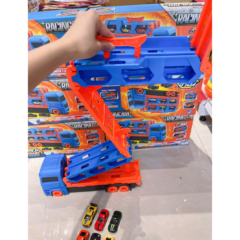 Đồ chơi ô tô đường đua hot wheels kèm 6 xe đua nhỏ dài 1,65m - 2m gấp gọn xe tải 3 tầng, quà tặng sinh nhật cho bé
