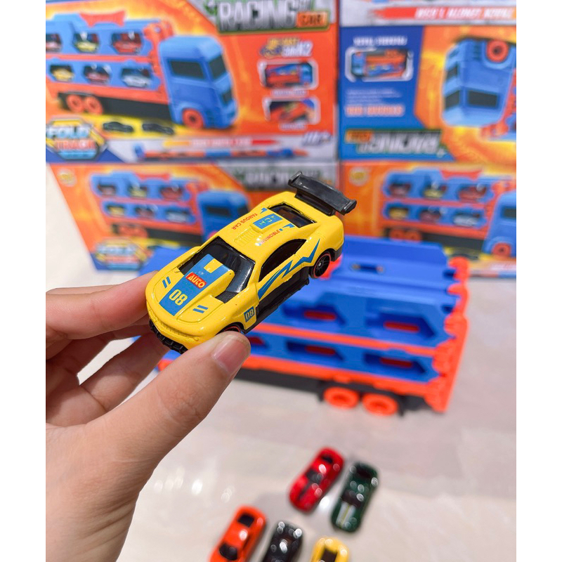 Đồ chơi ô tô đường đua hot wheels kèm 6 xe đua nhỏ dài 1,65m - 2m gấp gọn xe tải 3 tầng, quà tặng sinh nhật cho bé