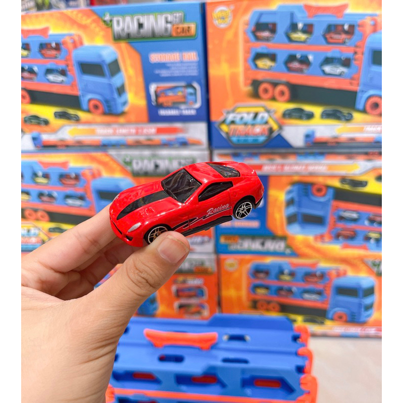 Đồ chơi ô tô đường đua hot wheels kèm 6 xe đua nhỏ dài 1,65m - 2m gấp gọn xe tải 3 tầng, quà tặng sinh nhật cho bé