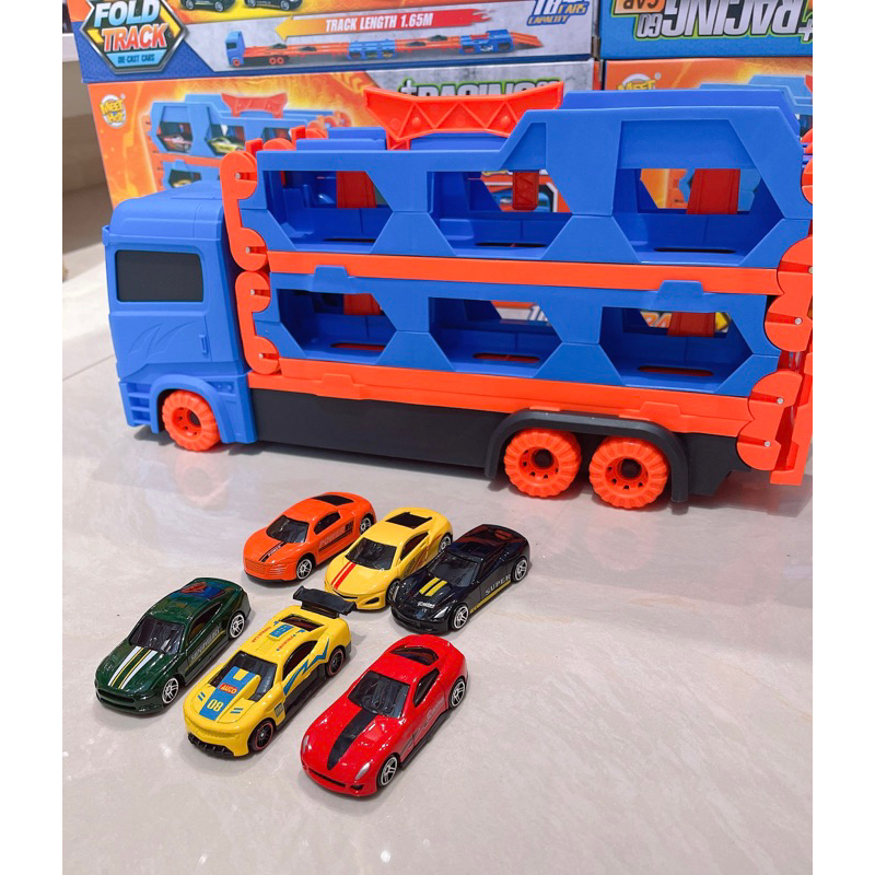 Đồ chơi ô tô đường đua hot wheels kèm 6 xe đua nhỏ dài 1,65m - 2m gấp gọn xe tải 3 tầng, quà tặng sinh nhật cho bé