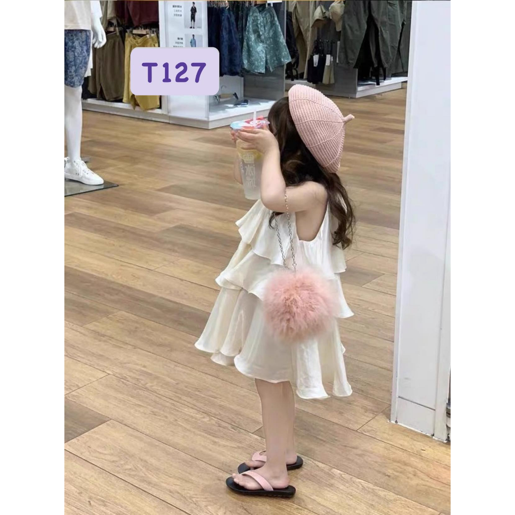 T127 Đầm 2 dây trắng 3 tầng cho bé