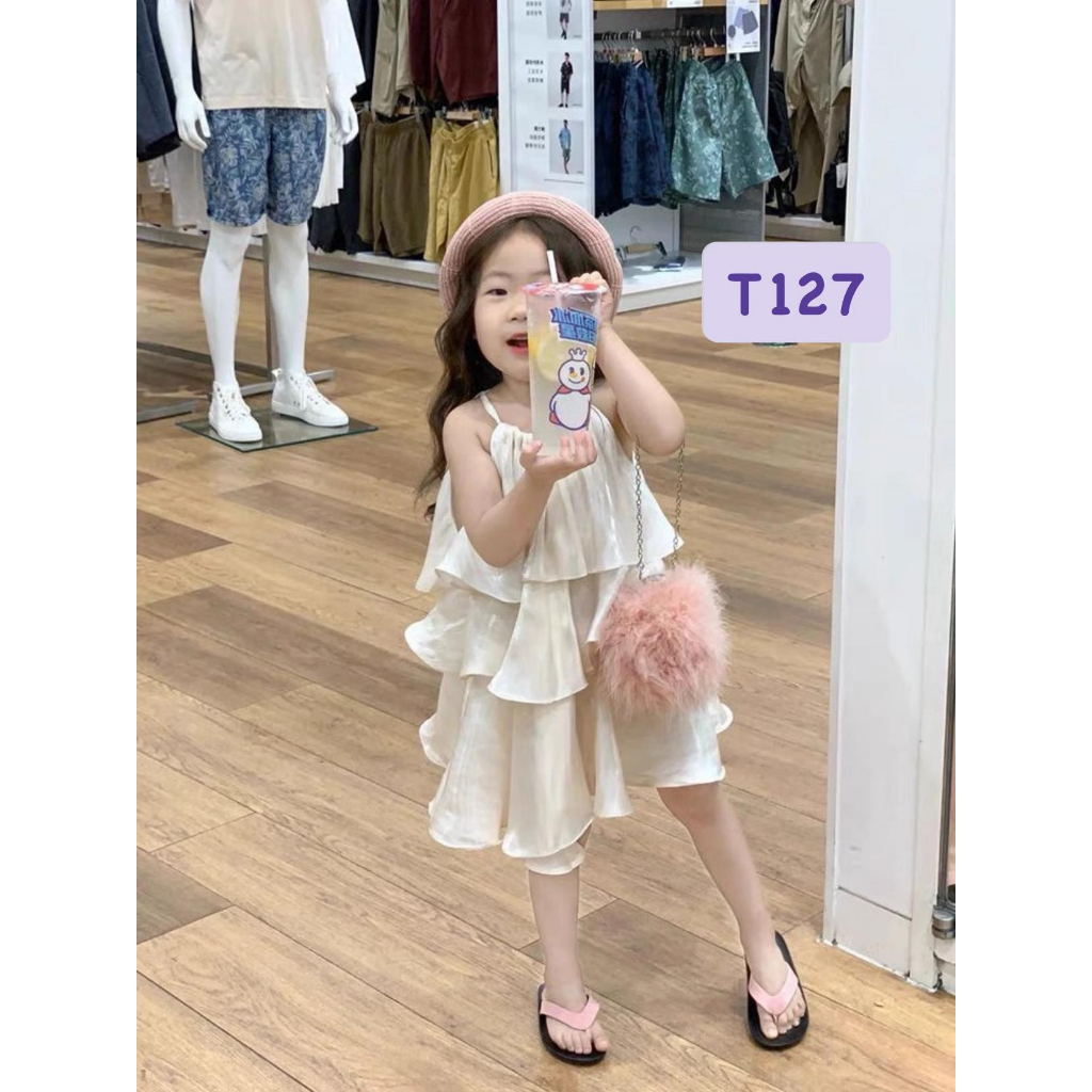 T127 Đầm 2 dây trắng 3 tầng cho bé
