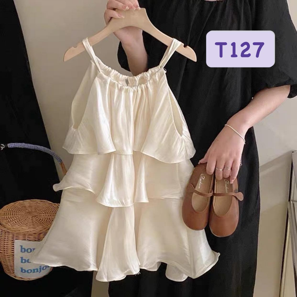 T127 Đầm 2 dây trắng 3 tầng cho bé