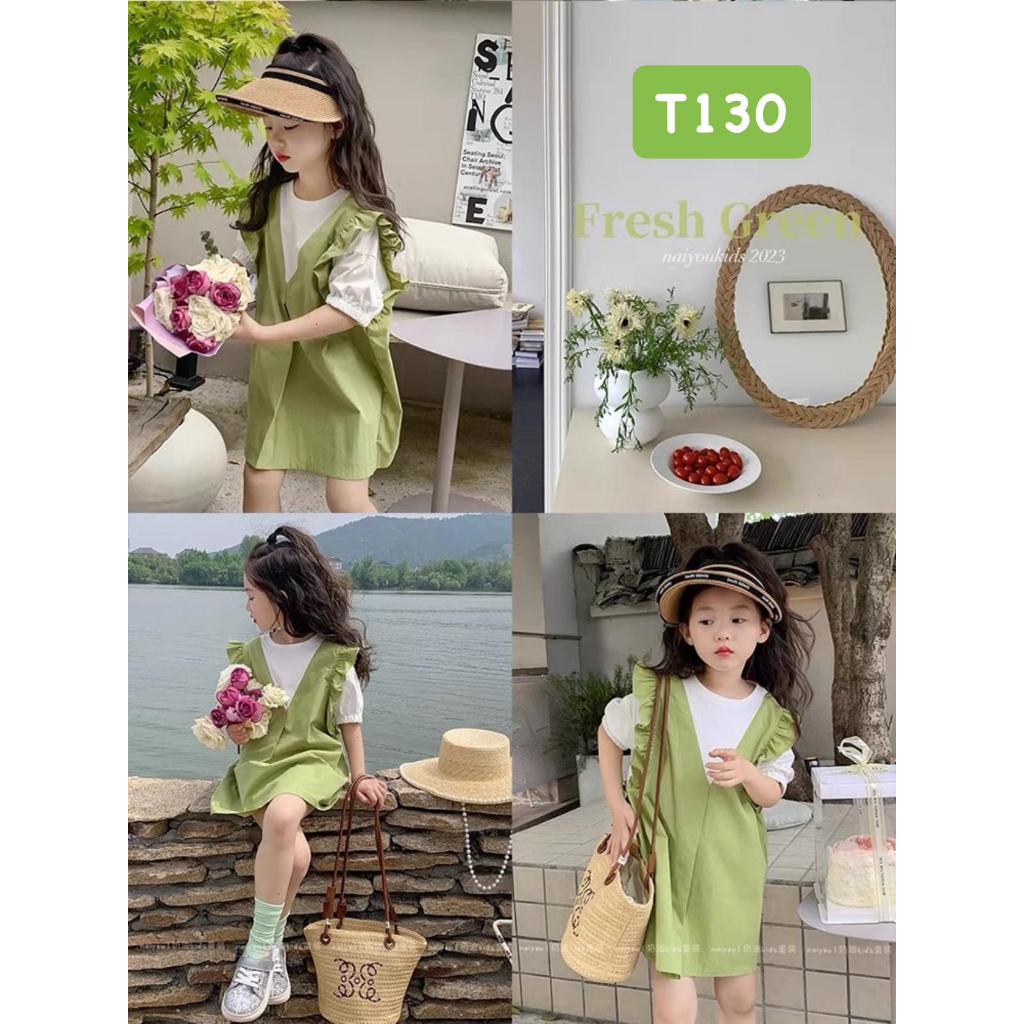 T130 Váy xanh bèo cổ trắng cho bé gái