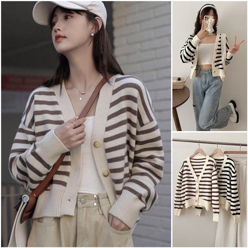 Áo Cardigan sọc ngang dài tay cúc dọc phong cách Hàn Quốc