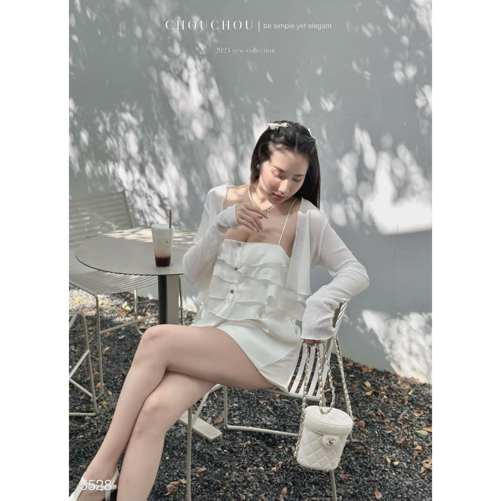 Set 3 món tầng: Áo BBD tầng 2 dây bèo + áo khoác mỏng tay dài + quần short trắng Freesize Hari_Fashion - Mã SR210