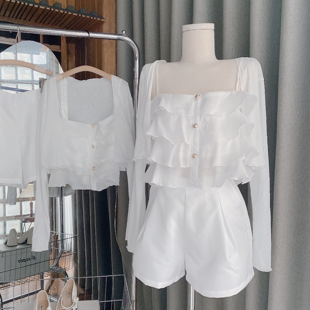 Set 3 món tầng: Áo BBD tầng 2 dây bèo + áo khoác mỏng tay dài + quần short trắng Freesize Hari_Fashion - Mã SR210
