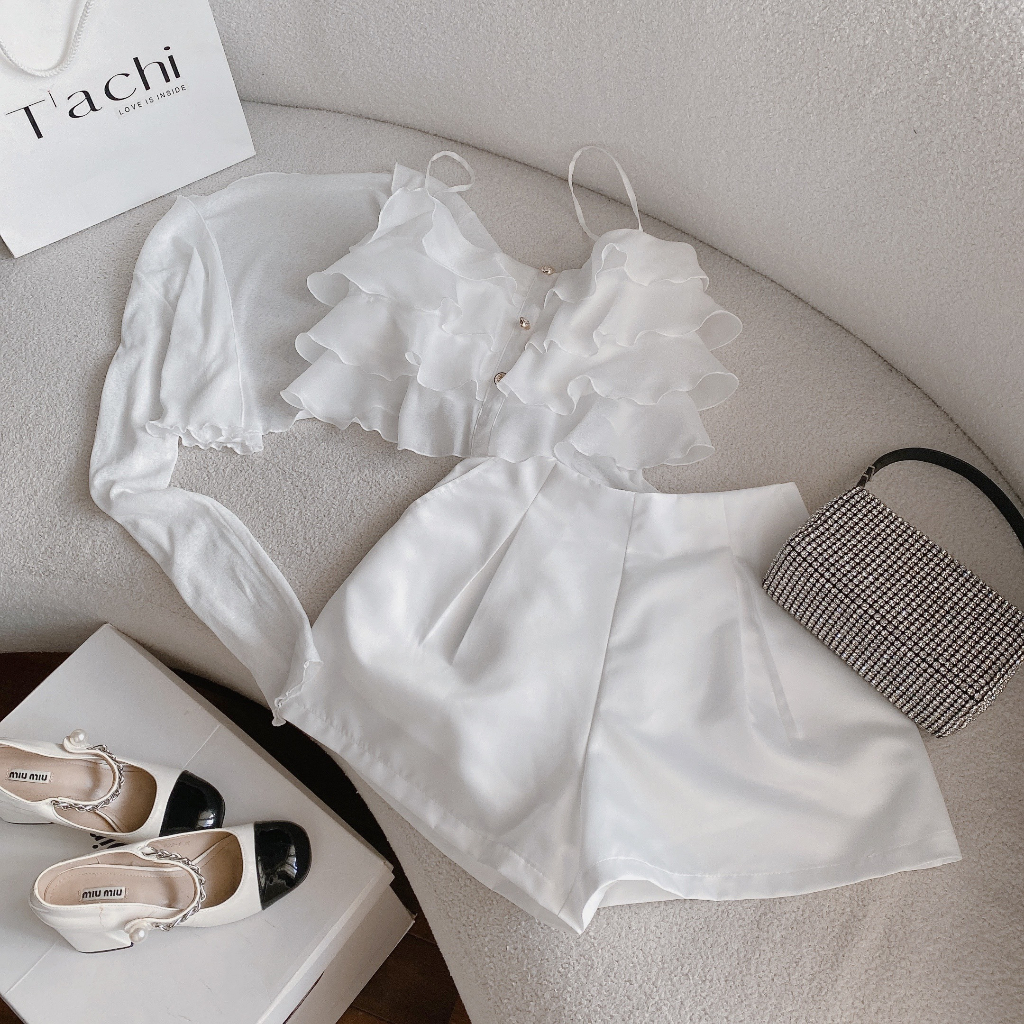 Set 3 món tầng: Áo BBD tầng 2 dây bèo + áo khoác mỏng tay dài + quần short trắng Freesize Hari_Fashion - Mã SR210