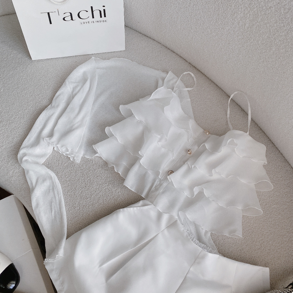 Set 3 món tầng: Áo BBD tầng 2 dây bèo + áo khoác mỏng tay dài + quần short trắng Freesize Hari_Fashion - Mã SR210