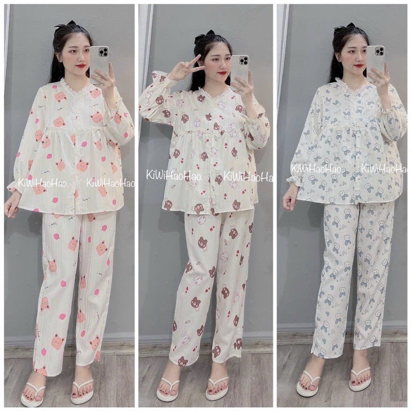 Bộ Bầu Dài Tay - Chất Xốp - Thiết Kế Tiểu Thư - Bầu Và Sau Sinh
