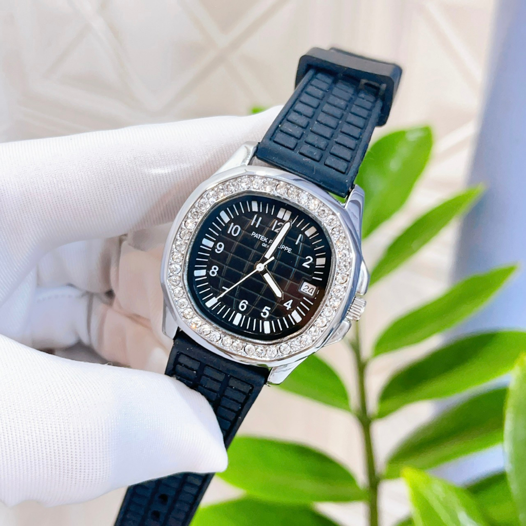 Đồng hồ nữ dây silicone Pateck Philippe - size 33mm, viền đính đá sang trọng, chống nước sinh hoạt dành cho nữ