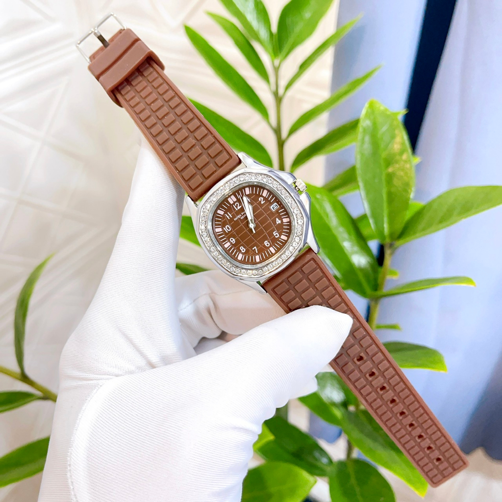 Đồng hồ nữ dây silicone Pateck Philippe - size 33mm, viền đính đá sang trọng, chống nước sinh hoạt dành cho nữ