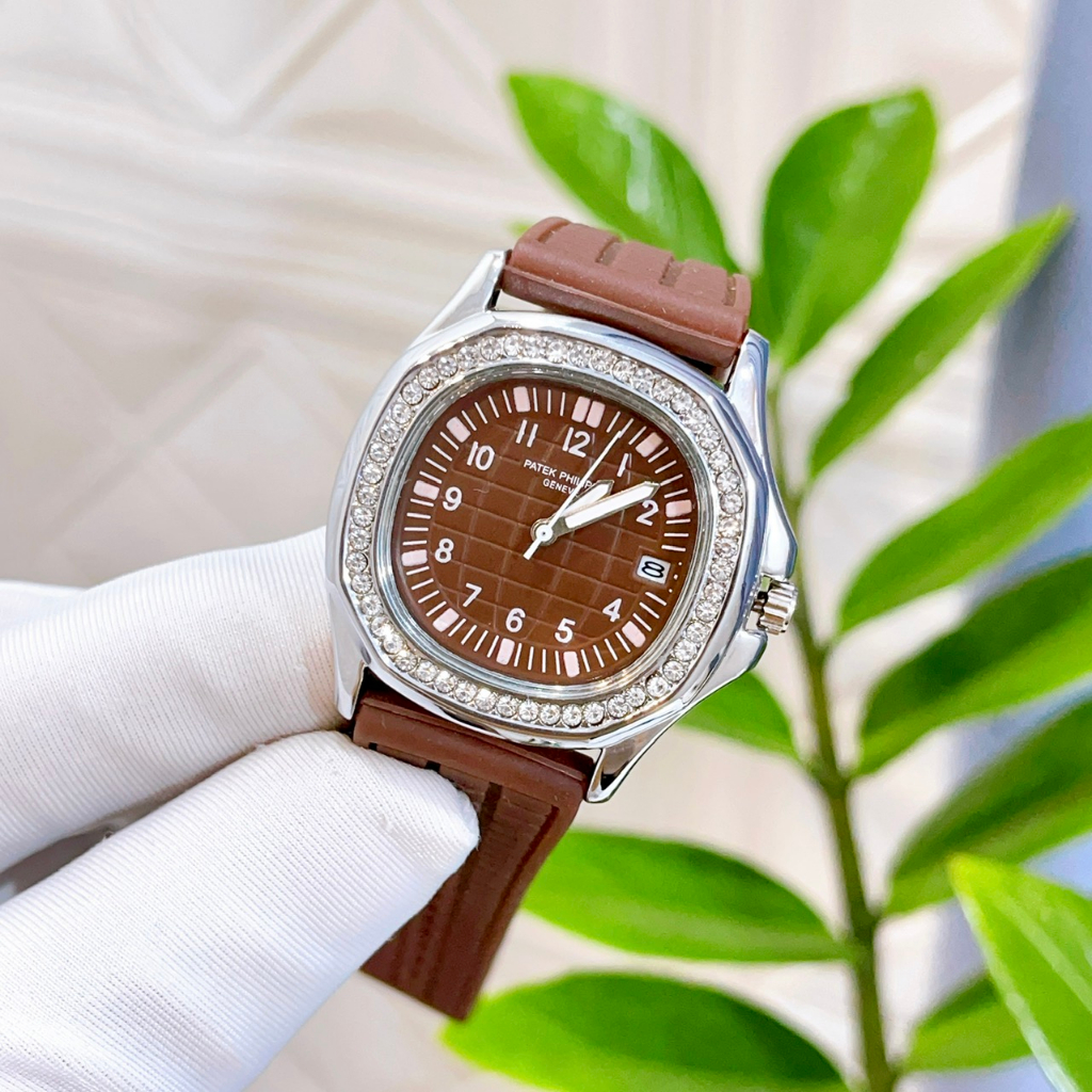 Đồng hồ nữ dây silicone Pateck Philippe - size 33mm, viền đính đá sang trọng, chống nước sinh hoạt dành cho nữ