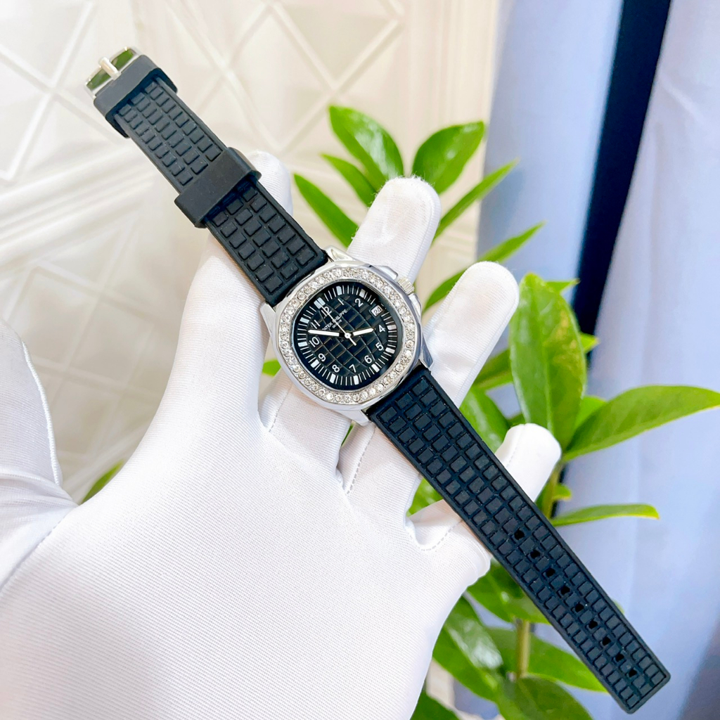 Đồng hồ nữ dây silicone Pateck Philippe - size 33mm, viền đính đá sang trọng, chống nước sinh hoạt dành cho nữ