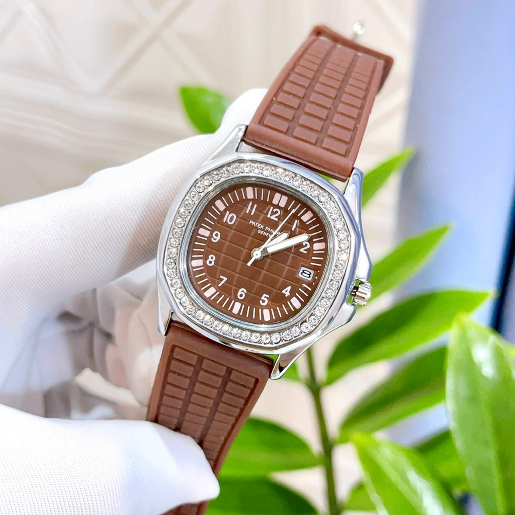 Đồng hồ nữ dây silicone Pateck Philippe - size 33mm, viền đính đá sang trọng, chống nước sinh hoạt dành cho nữ