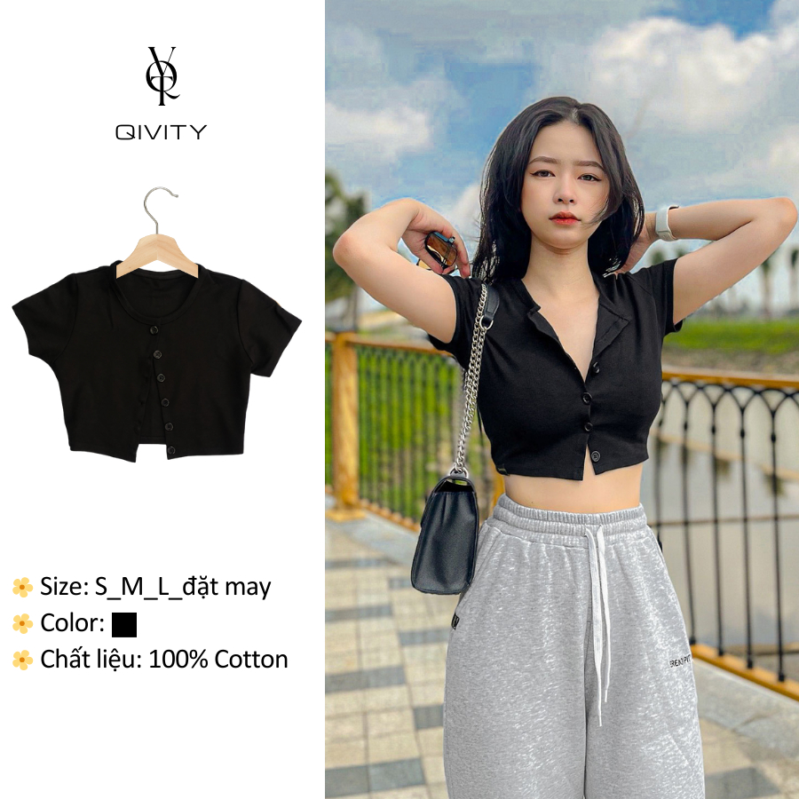 (Hình thật) Áo croptop nữ ngắn nút, áo thun cotton co giãn, áo có cổ, áo đen nhà Qivity