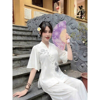 Sét đồ bà ba đi lễ truyền thống thời trang áo cài nút bọc chất vải tuyết nhung thêu,
