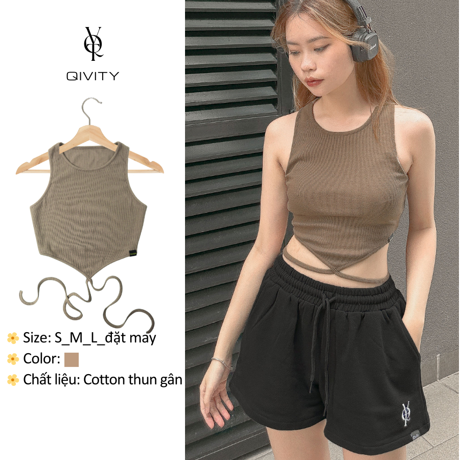 (Hình thật) Áo croptop ngắn, áo kiểu thắt eo, áo thun kiểu, vải cotton co giãn dày dặn nhà Qivity