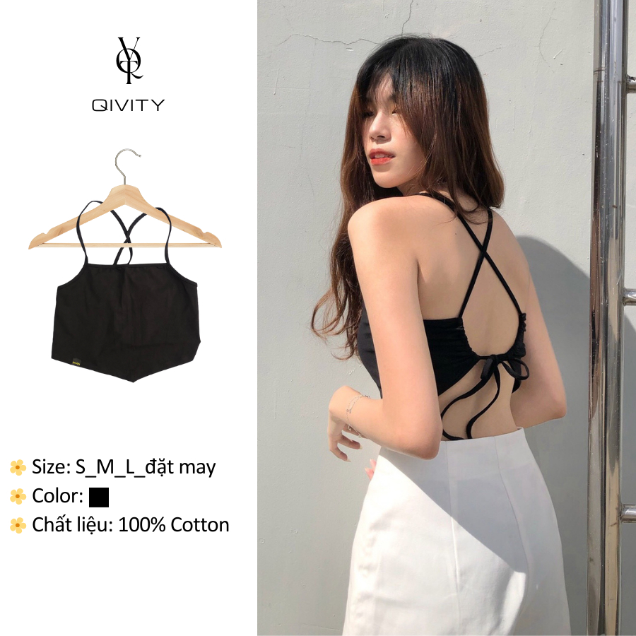 (Hình thật) Áo croptop yếm thắt nơ sau lưng, vải thun cotton nhà Qivity