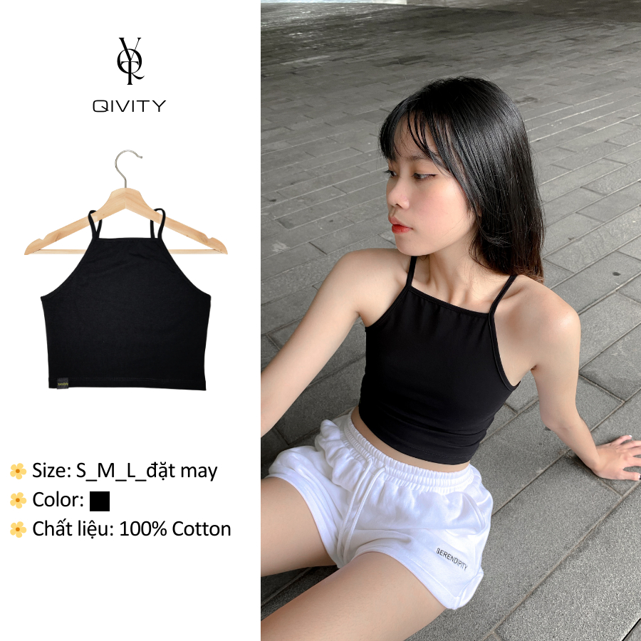 (Hình thật) Áo croptop ngắn 2 dây, áo thun gân, vải cotton co giãn 4 chiều dày dặn nhà Qivity