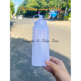 Chai nhựa vuông 600ml, bình nhựa đựng sốt chống bụi, chai chia vạch 600ml