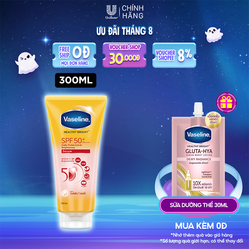 Serum chống nắng cơ thể Vaseline 50x bảo vệ da với SPF 50+ PA++++ giúp da sáng hơn gấp 2X 300ml