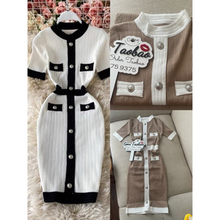 (Hàng quảng châu) đầm len ôm body cổ tròn phối viền ZM