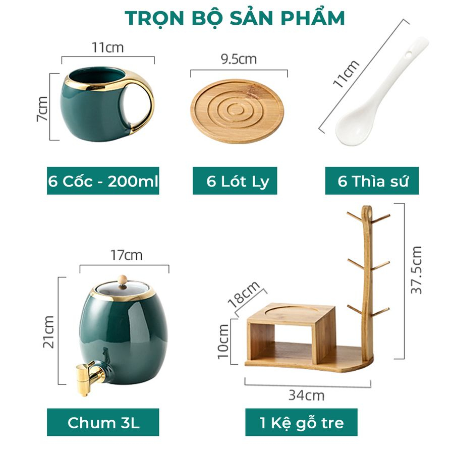 Bộ Chum Trà Sứ 6 ly cao cấp - Bộ chum đựng nước kèm 6 cốc bằng gôm sứ và kệ gỗ sang trọng trang trí phòng khách