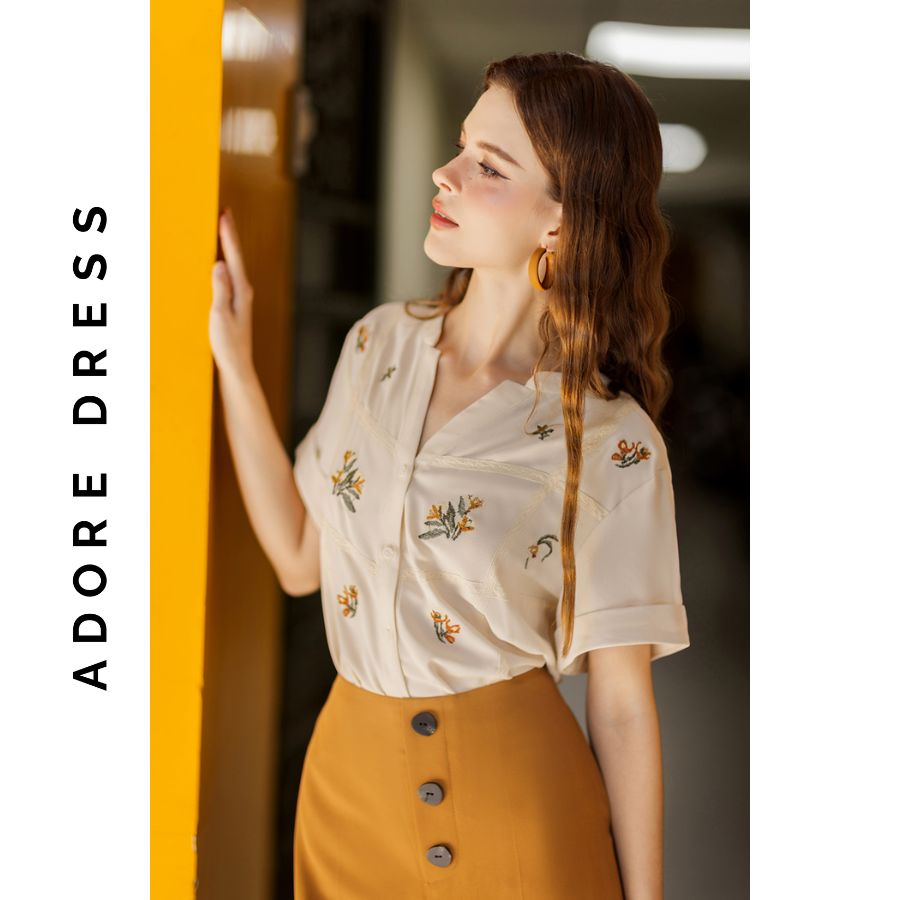 Aó sơ mi Shirts official style giả đũi trơn cream thêu 311SH1016 ADORE DRESS