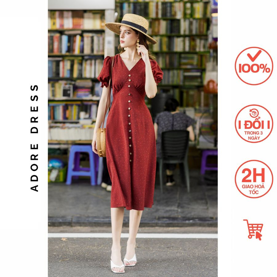 Đầm Midi dresses casual style lụa hoa nhí cam nghệ 311DR2074 ADORE DRESS