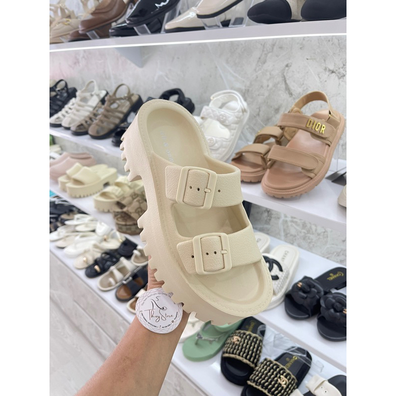 Dép quai ngang nữ đế dày răng cưa siêu nhẹ, Dép bánh mì màu trắng kem phong cách Hàn Quốc - THUY STORE
