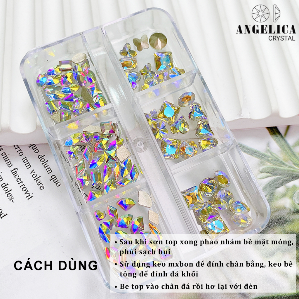 Khay 6 ô chân bằng đá khối nail chỉ size mini đá nhỏ chân vàng trang trí móng ANGELICA CBDKMN