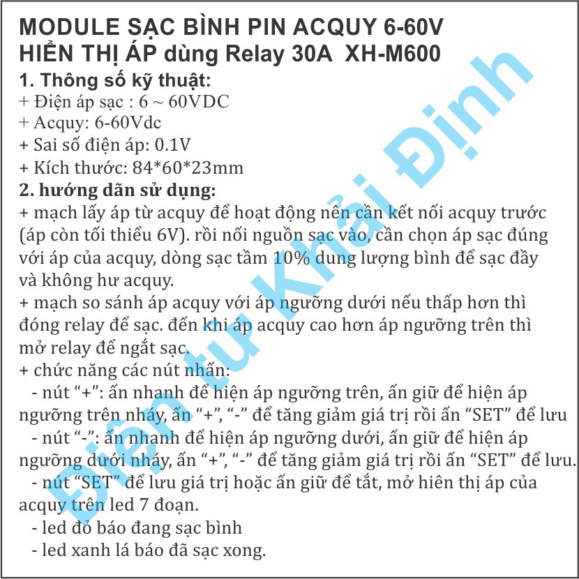 MODULE SẠC BÌNH ACQUY TỪ 6-120V / 6-60VDC CÓ HIỂN THỊ ÁP dùng Relay XH-M602 / XH-M600 kde4908
