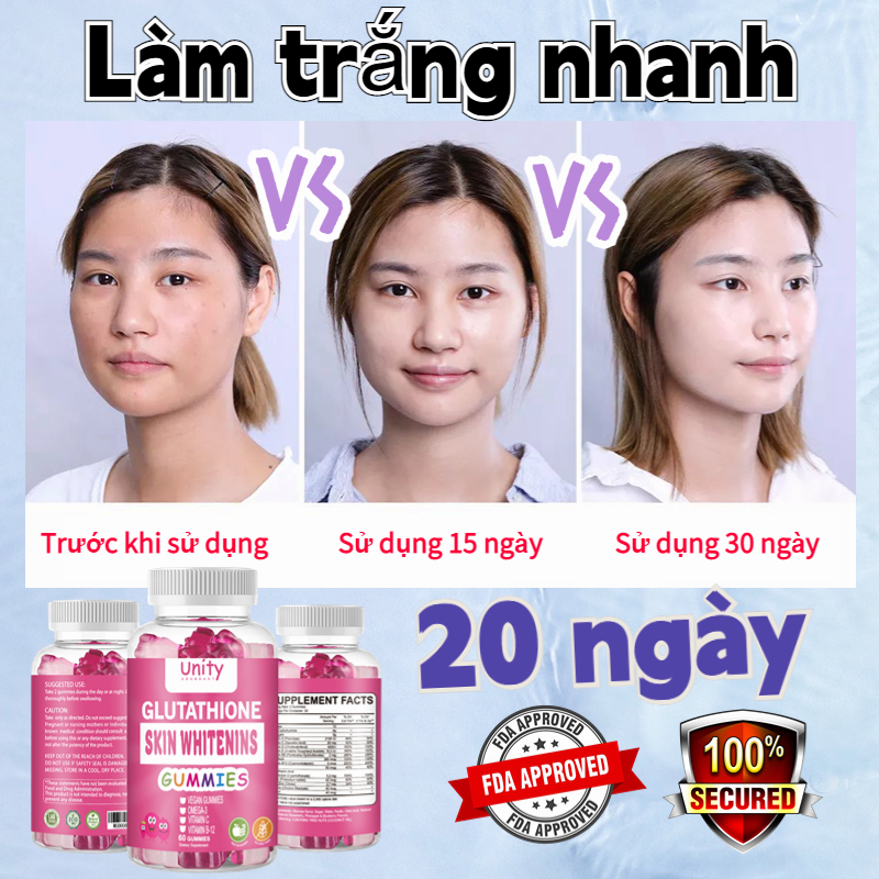 20 ngày Trắng da GLUTATHIONE viên uống nâng tone cấp tốc đẹp da giảm nám mờ thâm tức thì