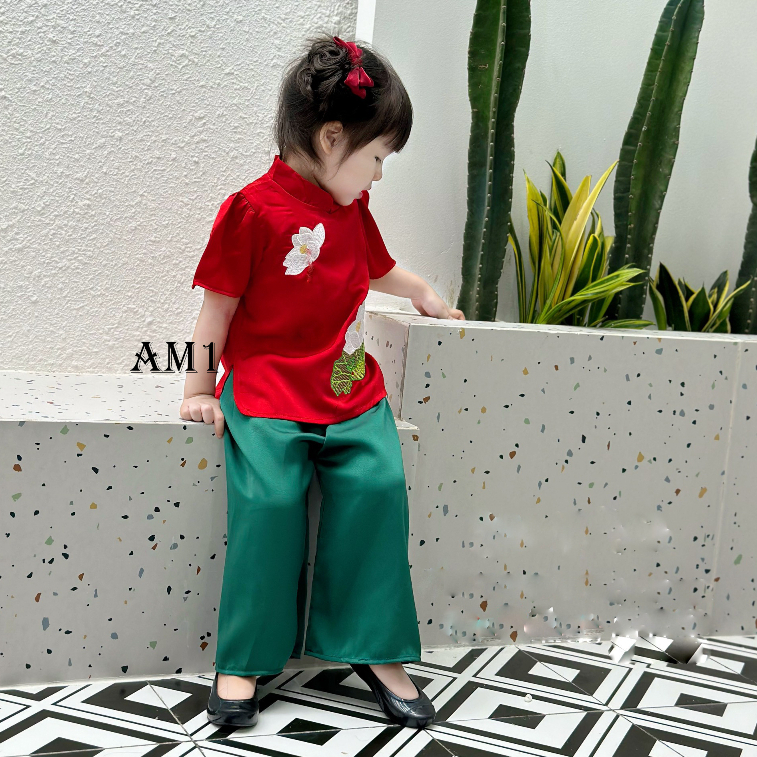 Bộ quần áo trẻ em TB366 Đồ bộ bà ba thêu hoa sen cho bé gái xinh xắn